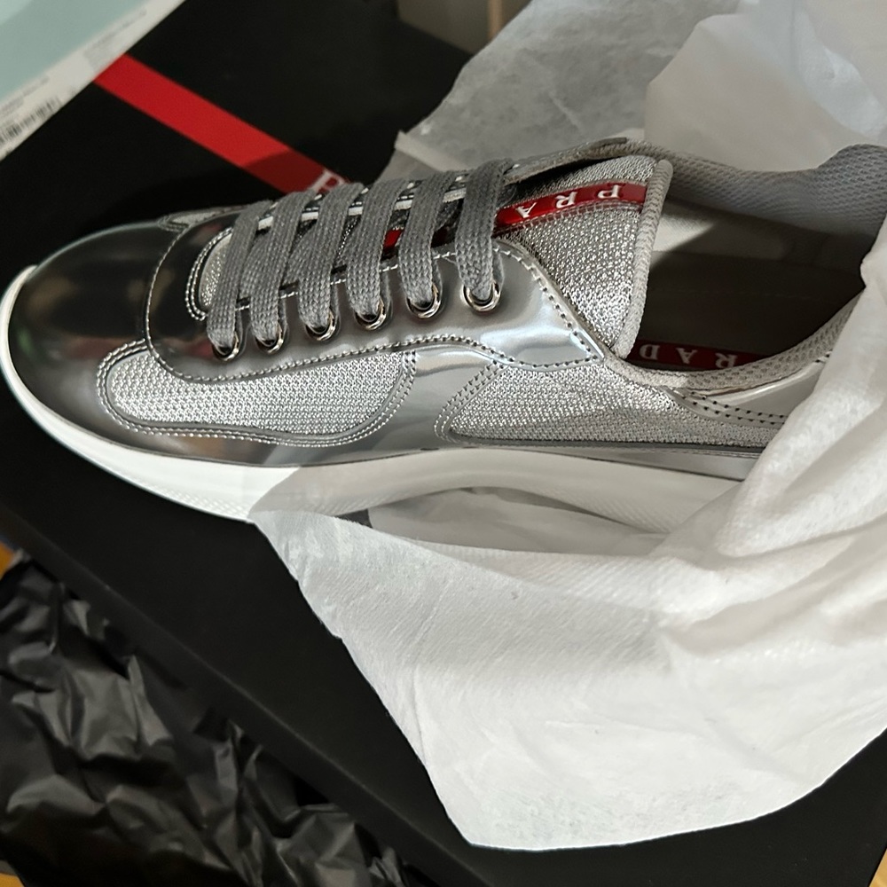 BRAND NEW. NOT WORN Prada silver sneakers uk size 7.5 … us size 8.5